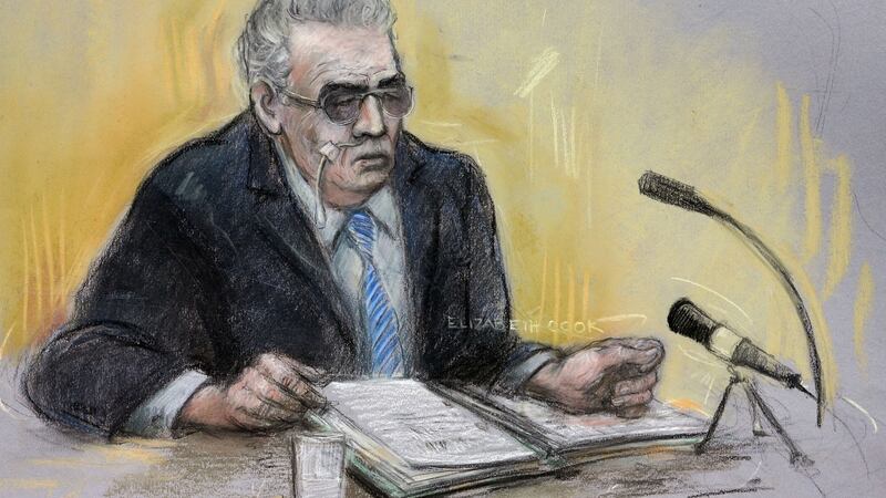 A court artist sketch  of moors murderer Ian Brady appearing via video link at Manchester Civil Justice Centre in  June  2013. Photograph: Elizabeth Cook/PA Wire