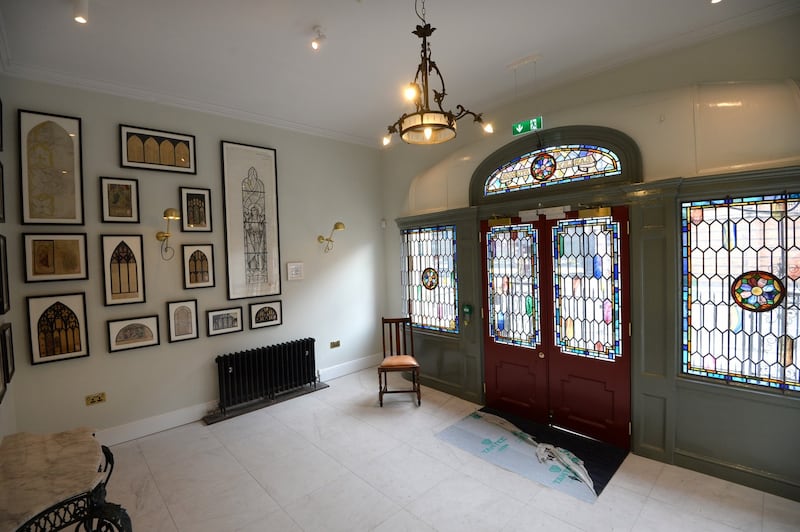 The stained-glass entrance doors to Keavan’s Port Hotel, on Camden Street, Dublin. Photograph: Dara Mac Dónaill /The Irish Times