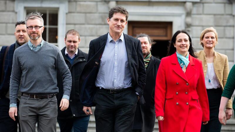 Green Party leader Eamon Ryan with some of the party’s new TDs outside Leinster House. Photograph: Tom Honan