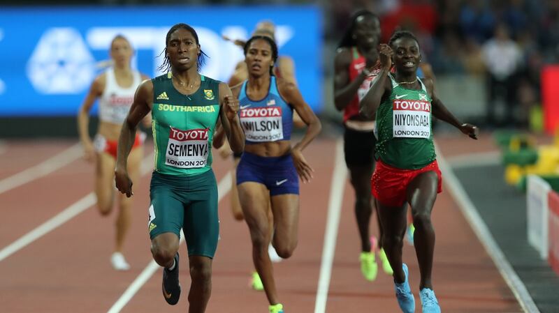 Caster Semenya crosses the line first during the 800m women’s final. Photo: Ian MacNicol/Getty Images