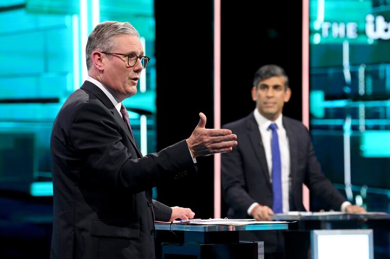 UK Labour Party leader Keir Starmer and British prime minister Rishi Sunak (back) take part in an ITV general election debate on Tuesday. Photograph: Jonathan Hordle/ITV/PA Wire