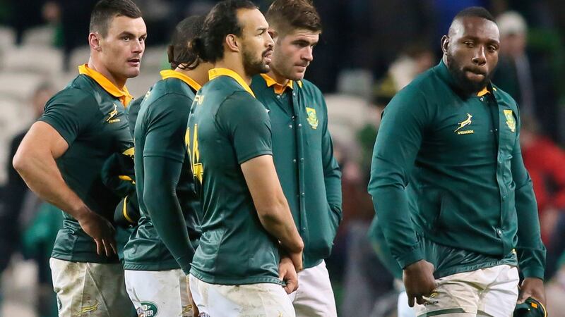 Despondent South Africa players after their defeat to Ireland at the  Aviva Stadium in Dublin on Saturday.  Photograph: Paul Faith/AFP/Getty Images
