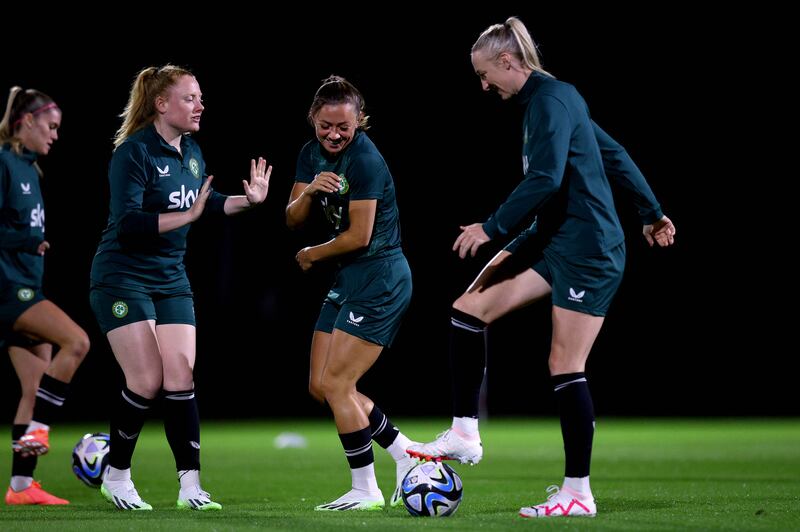 Amber Barrett, Katie McCabe and Louise Quinn in training in Brisbane. Photograph: Ryan Byrne/Inpho