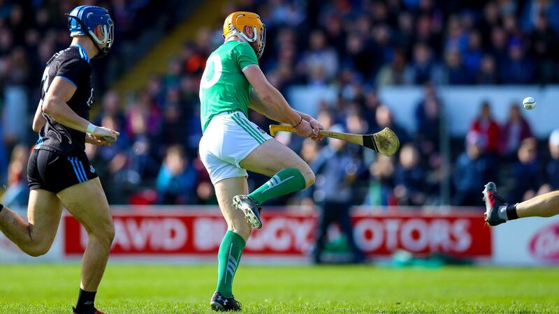 Limerick’s Séamus Flanagan scores a goal during the Allianz Hurling League Division 1 semi-final against Dublin at Nowlan Park. Photograph: Tommy Dickson/Inpho