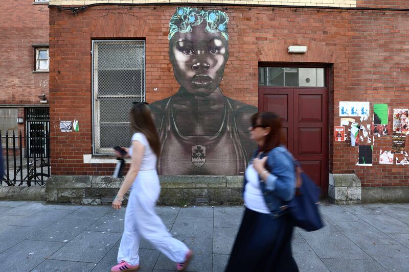 A mural of Irish Olympic athlete Rhasidat Adeleke on Chatham Row, created by street artist @canvaz_streetart. Photograph: Leah Farrell/RollingNews.ie