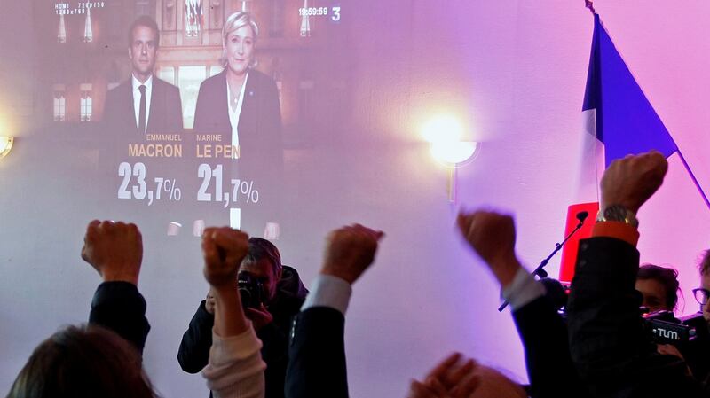 Supporters of Marine Le Pen, French National Front political party leader and candidate for French 2017 presidential election, react after early results in the first round of 2017 French presidential election in Lyon, France, April 23rd, 2017. Photograph: Emmanuel Foudrot/Reuters