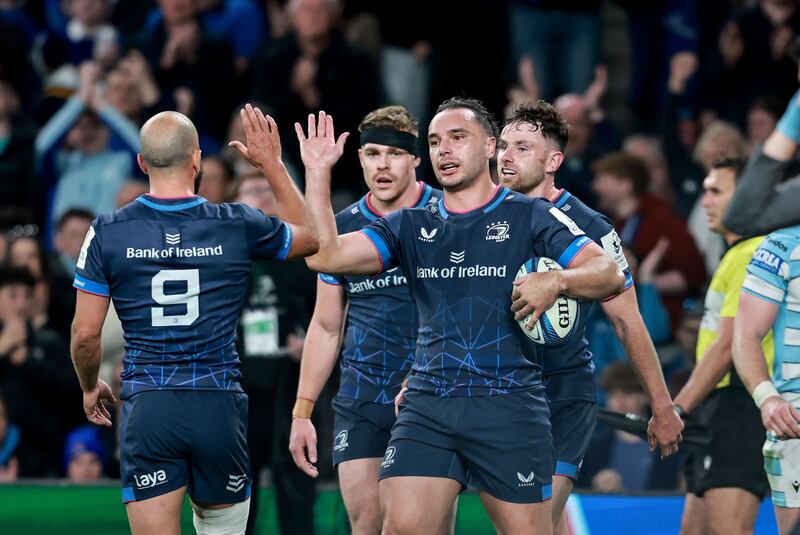 James Lowe celebrates with Jamison Gibson-Park after scoring a try in the Champions Cup quarter-final against Glasgow Warriors. Photograph: Inpho