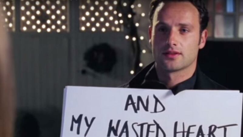 Andrew Lincoln as Mark in Love, Actually: uses posterboard and marker to harass his victim, played by Keira Knightley