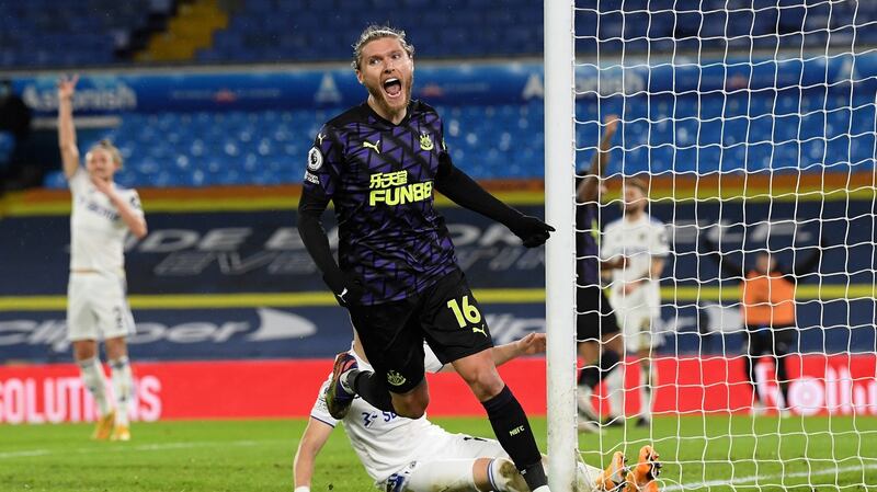 Newcastle United’s  Jeff Hendrick celebrates after scoring the first goal in the Premier League game against Leeds United at Elland Road. Photograph: Stu Forster/Getty Images