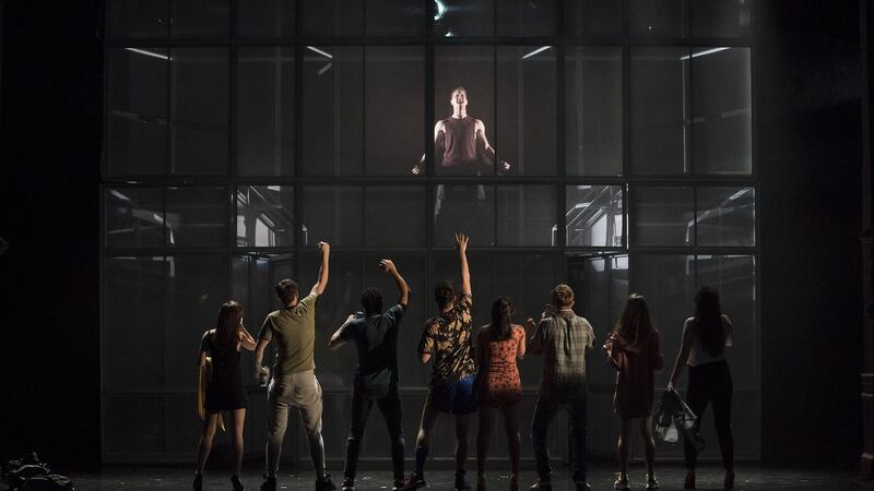 Charlie Maher as Paul and members of the cast of ‘Asking for It’ by Louise O’Neill. Photograph: Patrick Redmond