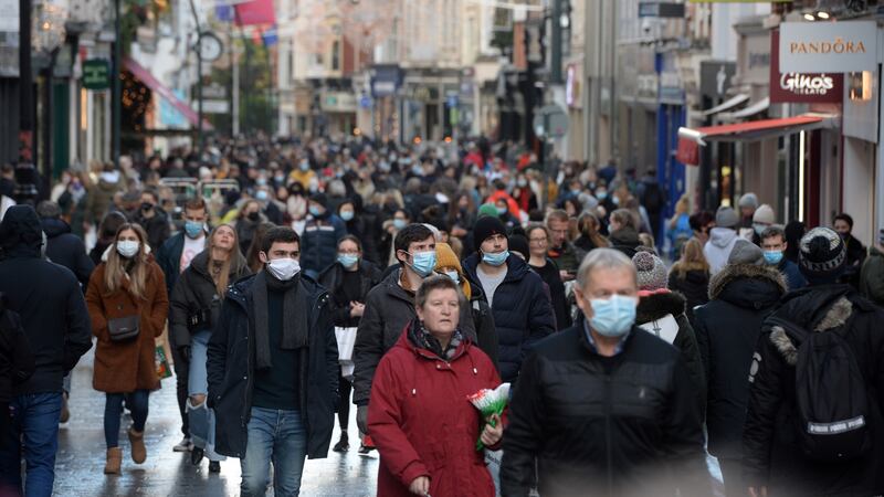 Grafton Street, Dublin sees Christmas shoppers on the first Saturday following the reopening after the second lockdown. Photograph: Dara Mac Dónaill