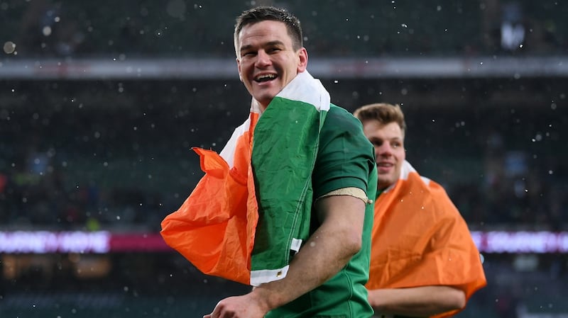 Johnny Sexton  celebrates   Ireland’s Grand Slam win  at Twickenham. Photograph:  Laurence Griffiths/Getty Images
