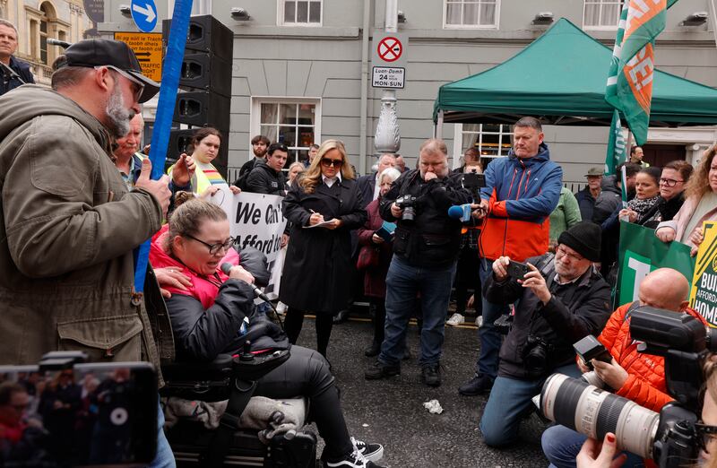 Keyleagh McKevitt, disability campaigner addressing the Cost of Living Coalition demonstration outside the Dáil on Kildare Street. Photograph: Alan Betson

