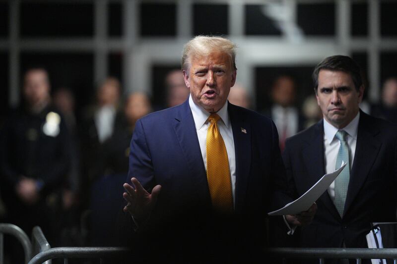 Former US President Donald Trump, with attorney Todd Blanche, speaks to the media. Photograph: Curtis Means/Getty Images