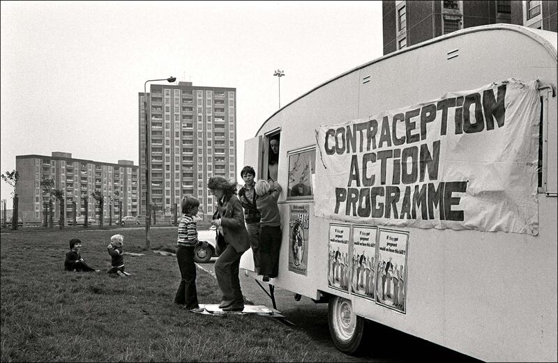 October 1979: A Contraception Action Programme caravan is used to dispense condoms in the Ballymun flats complex, Dublin, as part of a campaign to get contraception legalised and freely available. Photograph: Derek Speirs