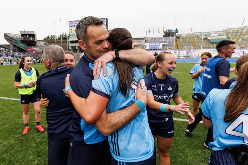 Dublin manager Paul Casey celebrates with Niamh Hetherton after the game. Photograph: Ben Brady/Inpho