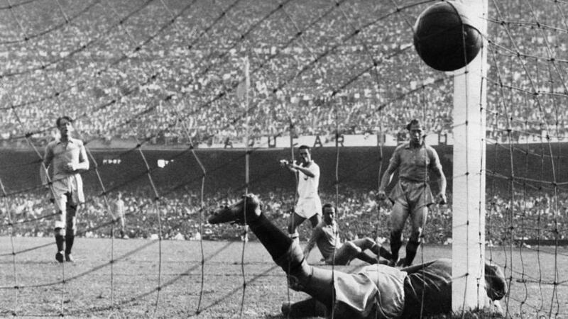 Brazilian forward Ademir (centre) beats goalkeeper Kalle Svensson for his side’s opening goal in their 7-1 World Cup rout of Sweden at the Maracanã Stadium, Rio de Janeiro, in 1950. Photograph: AFP/Getty Images