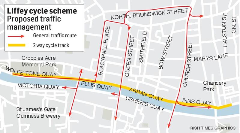 The proposed cycle lane on Dublin's North Quays would see private traffic diverted through the Smithfield area