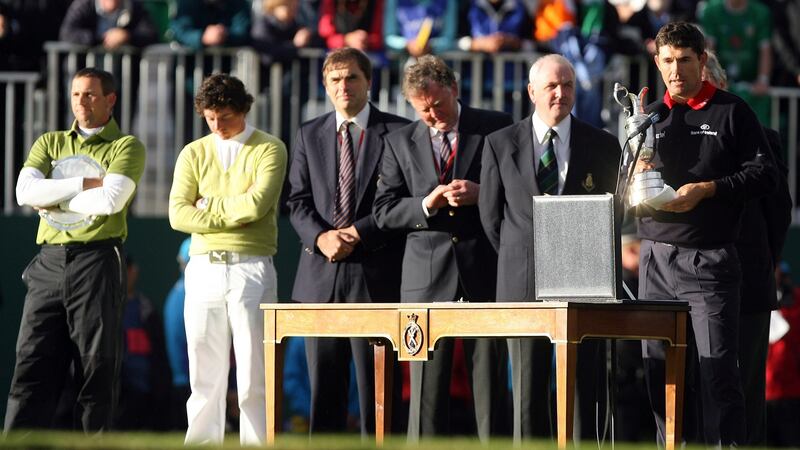Harrington makes his speech with the claret jug as an 18-year-old Rory McIlroy looks on after winning the silver medal for low amateur. Photo: Getty Images