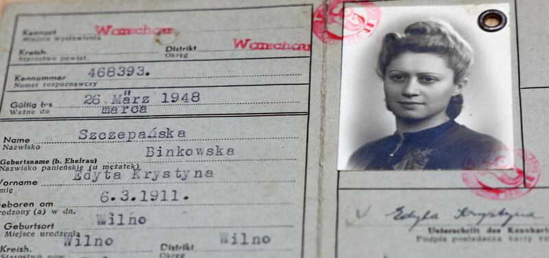 The forged identity papers of Oliver Sears’s grandmother Kryszia Wandstein (Edyta Rosenfeld). In spring 1943, Edyta bought forged identity papers that allowed her and her daughter Monika to live outside a ghetto. Photograph: Laura Hutton/The Irish Times