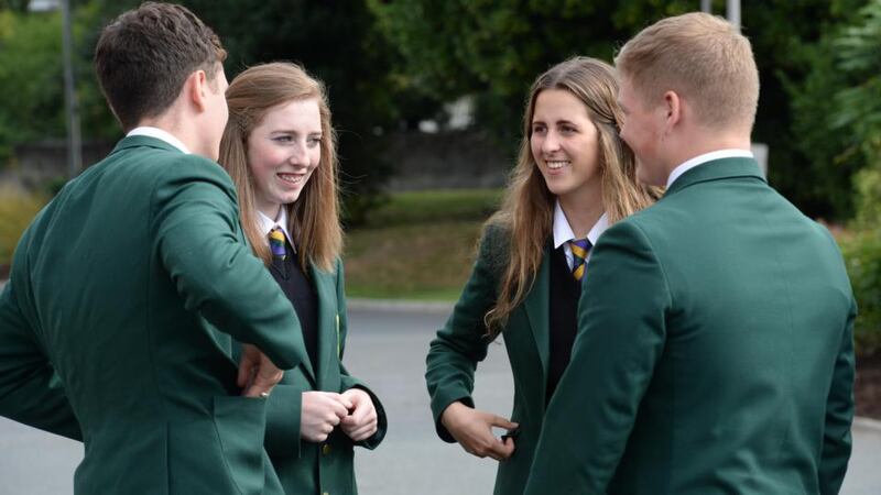 From left: Hugh Lavery, Aoife Jayne Howarth, Charlotte Coffey and Max Pleass, students at the new Sandford Park co-ed school in Ranelagh, Dublin. Photograph: Dara Mac Dónaill