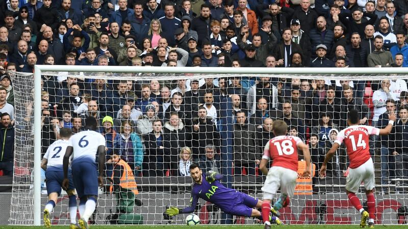 Hugo Lloris saves Pierre-Emerick Aubameyang’s late penalty at Wembley. Photograph: Michael Regan/Getty