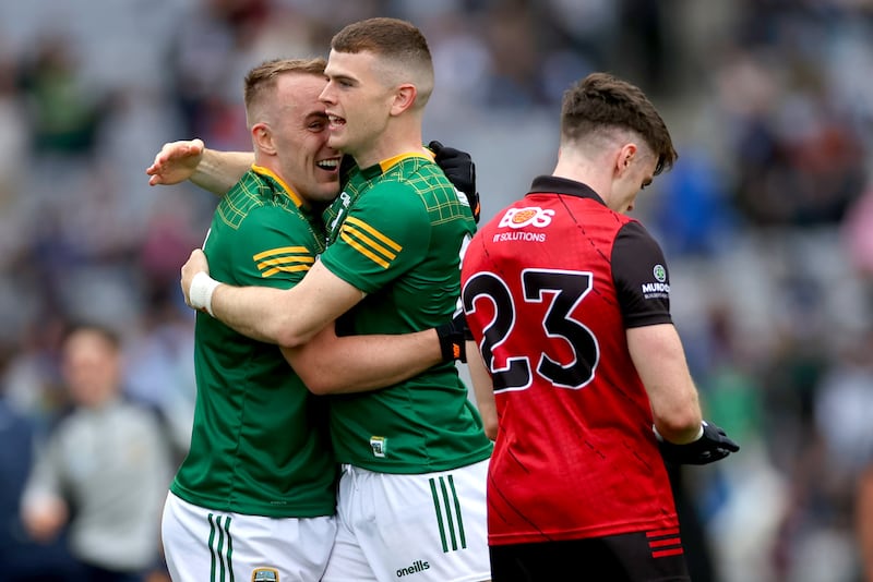 Meath’s Ronan Ryan and Eoghan Frayne celebrate beating Down in the Tailteann Cup Final. James Crombie/Inpho