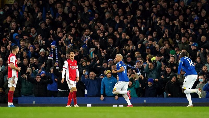Richarlison celebrates scoring Everton’s equaliser against Arsenal. Photograph: Martin Rickett/PA