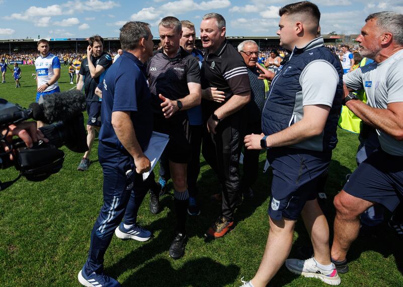 Waterford manager Davy Fitzgerald has a word with Clare selector Tommy Corbett after the teams' encounter in Ennis. Photograph: James Crombie/Inpho