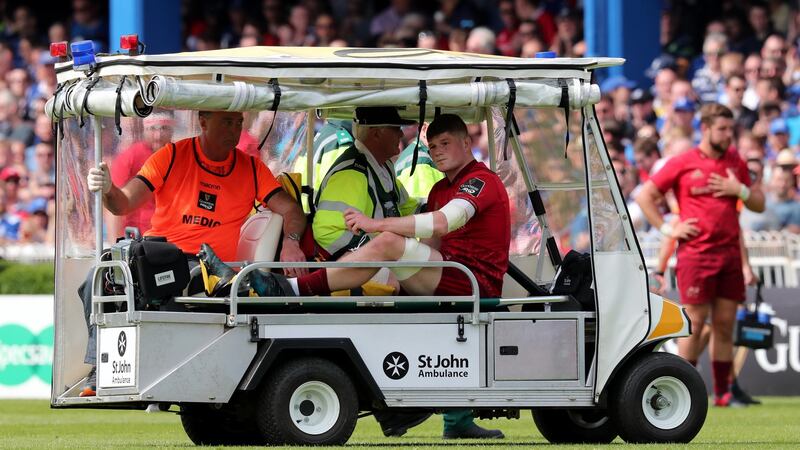 Munster’s Jack O’Donoghue leaves the field injured during the 2018 Guinness Pro 14 semi-final against Leinster at the RDS. Photograph: Billy Stickland/Inpho