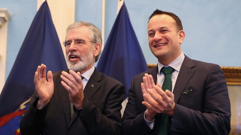 Gerry Adams with Taoiseach Leo Varadkar at a St Patrick’s Day breakfast event at Gracie Mansion in New York. Photograph: Niall Carson/PA Wire
