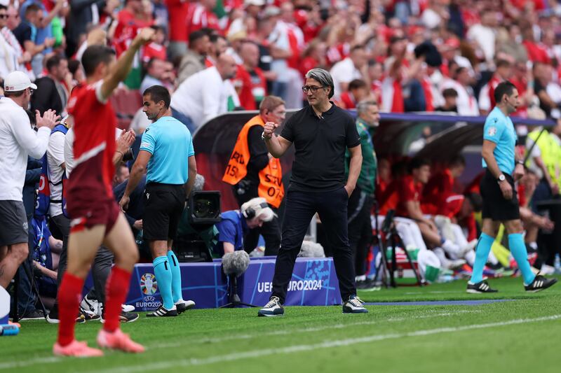 Murat Yakin celebrates after his team's victory against Hungary at Cologne Stadium on June 15th. Photograph: Alex Grimm/Getty Images