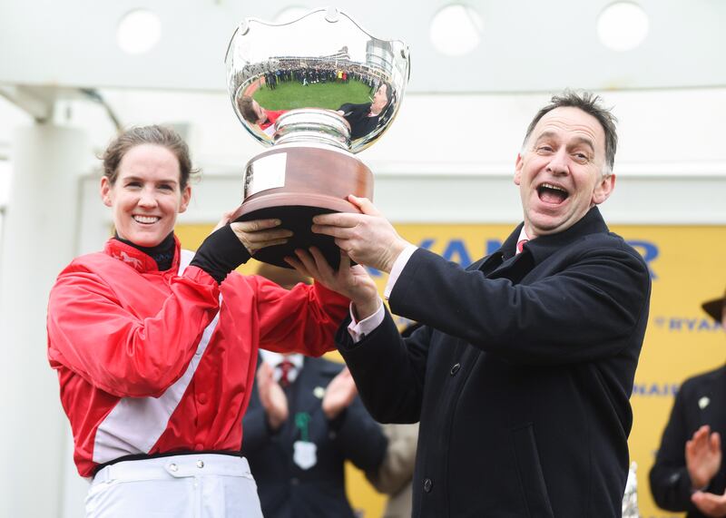 Winning jockey Rachael Blackmore celebrates with trainer Henry de Bromhead after Envoi Allen's win in thr 2023 Ryanair Chase at Cheltenham. Photograph: Tom Maher/Inpho