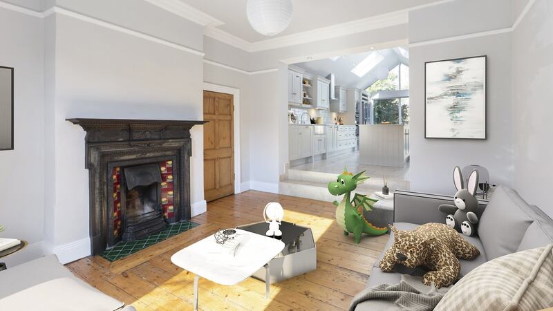 The living space opens into the kitchen