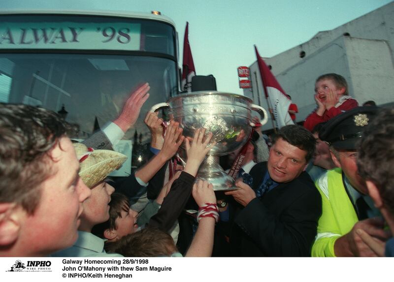 Galway Homecoming on September 28th,1998: John O'Mahony with the Sam Maguire. Photograph: Keith Heneghan/Inpho