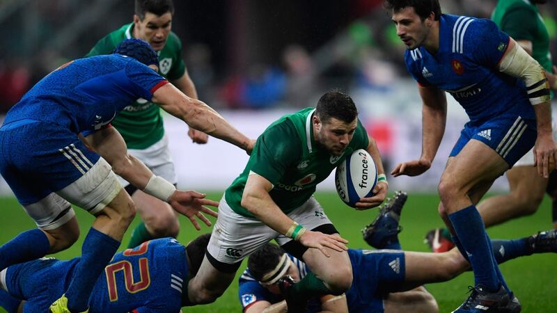 Ireland’s Robbie Henshaw is tackled during the Six Nations rugby union match between France and Ireland at the Stade de France in Paris on Saturday. Photograph: Christophe Simon/AFP/Getty Images