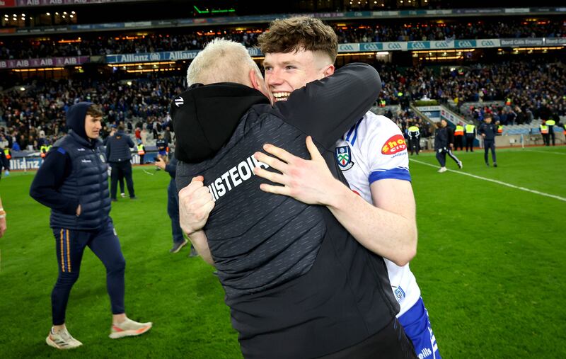 Monaghan manager Gabriel Bannigan and celebrates with Barry McBennett after the game. Photograph: Ryan Byrne/Inpho