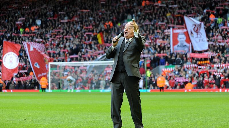 Gerry Marsden performing  You’ll Never Walk Alone at Anfield, home ground of Liverpool Football Club. in October 2010. Photogaph: John Powell/Liverpool FC/Getty Images