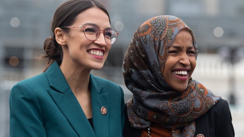 Democrats Alexandria Ocasio-Cortez,  of New York, and Ilhan Omar, of Minnesota: understood to be among subjects of  Donald Trump’s provocative tweets on Sunday. Photograph:  Saul Loeb/AFP