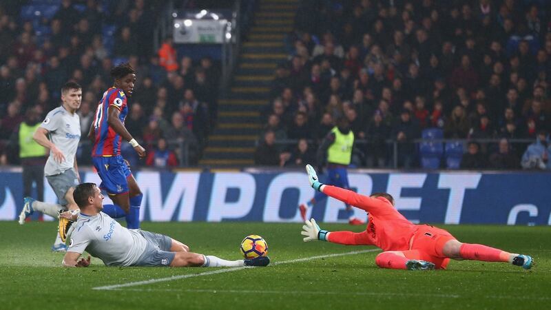 Wilfried Zaha of Crystal Palace scores his side’s second goal  during the Premier League match against  Everton at Selhurst Park. Photograph: Jordan Mansfield/Getty Images