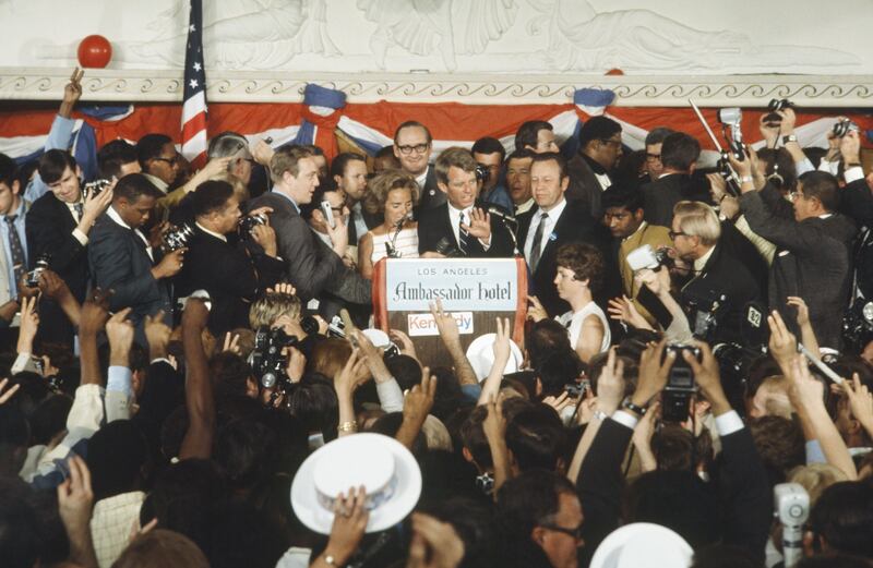 Senator Robert F Kennedy (D-NY) before he was fatally shot on June 5th, 1968 during his presidential campaign at the Ambassador Hotel in Los Angeles. Photograph: Frank Carroll/NBC NewsWire
