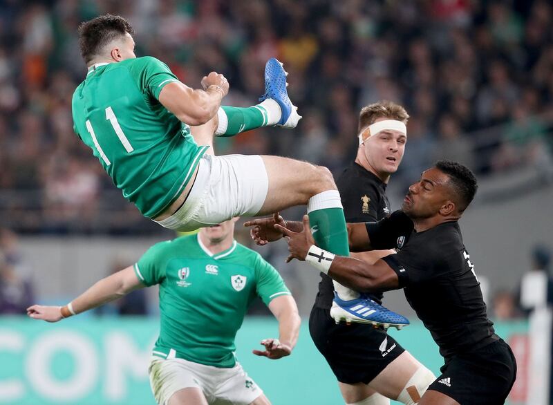 Ireland's Jacob Stockdale with New Zealand's Sevu Reece. Photo: Dan Sheridan/Inpho