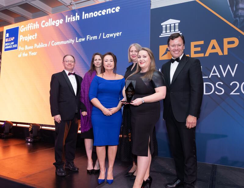 Richard Hammond, solicitor and partner at Hammond Good LLP and chair of the judging panel of the Leap Irish Law Awards; Hazel Ellis, lecturer at Griffith College Faculty of Law; Tina Cronin BL, barrister  and lecturer at Griffith College Faculty of Law and supervising lawyer on Innocence Project; Karen Sutton, law head of faculty at Griffith College; Jane McGowan, barrister at law at the Law Library, co-director of Innocence Project and lecturer at Griffith College Faculty of Law; and Anton Savage, MC of the night. Photograph: Paul Sherwood