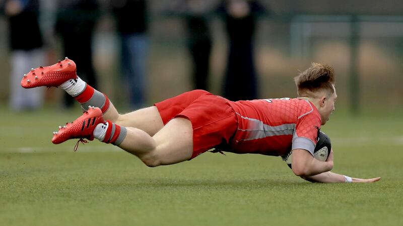 Luke Fitzgerald scores a try for Glenstal Abbey against St Clement’s in the   Munster Schools Senior Cup first round clash  at University of Limerick. Photograph: Donall Farmer/Inpho