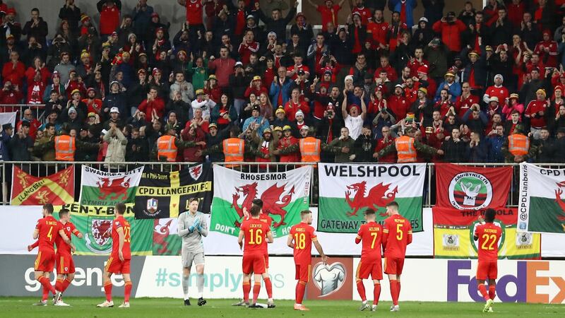 Wales players applaud their fans after their Euro 2020 qualifier against Azerbaijan in Baku last November. Photo: Aziz Karimov/Getty Images