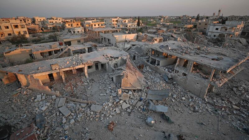 Destruction in the village of al-Nayrab, about 14km south-east of the city of Idlib in northwestern Syria. Photograph: Omar Haj Kadour/AFP via Getty