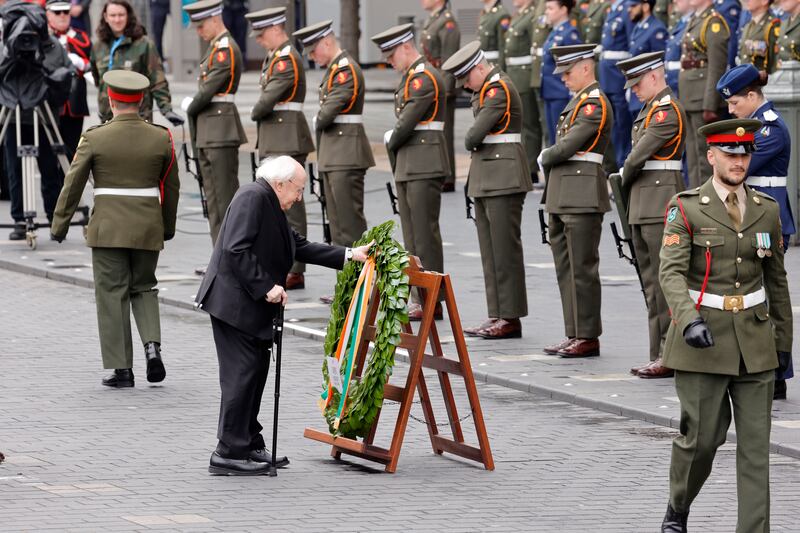 President Michael D Higgins laying a wreath outside the GPO on O'Connell Street in Dublin on Sunday during a ceremony to commemorate the 109th Anniversary of the 1916 Easter Rising.  Photograph: Alan Betson

