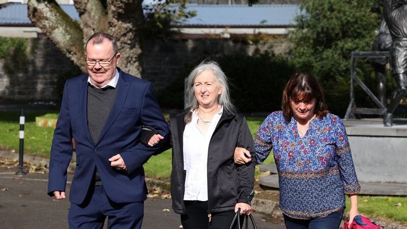 Aileen Malone (centre), mother of Dara Quigley, arriving at the coroner’s court in Nenagh, Co Tipperary with friends of her daughter. Photograph: Dara Mac Dónaill