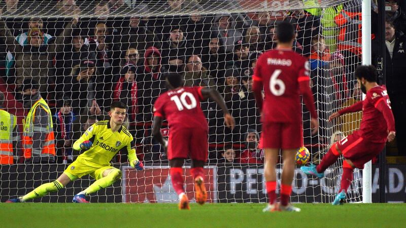 Liverpool’s Mohamed Salah  scores his second penalty during the Premier League game against Leeds United at Anfield. Photograph: Peter Byrne/PA Wire