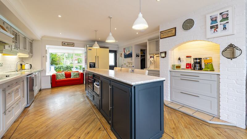 The marble counter on the island at number 88 Goatstown Road features a beautifully aged piece that came out of a greengrocers in Leixlip.